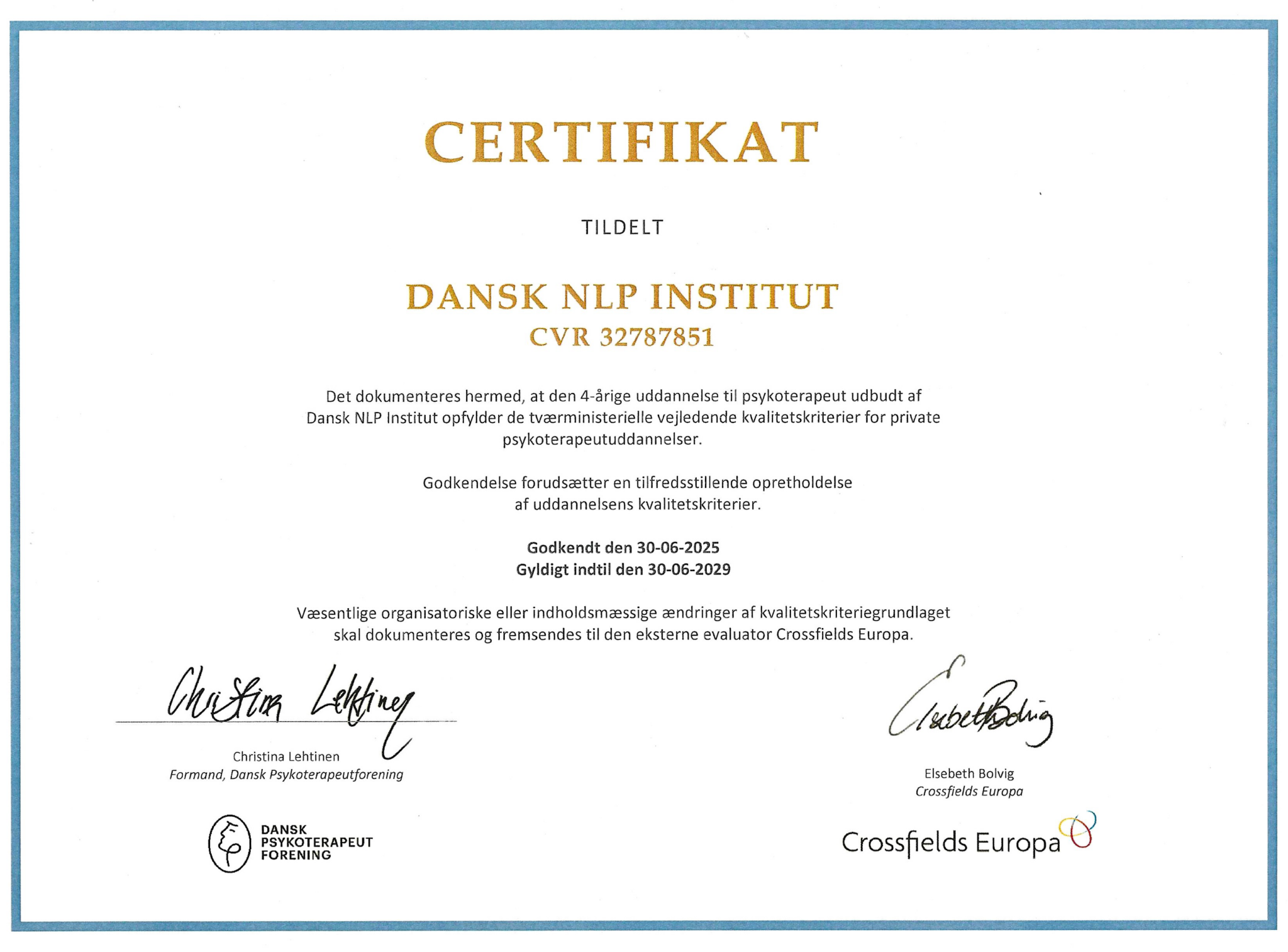 Certifikat – Dansk NLP Institut